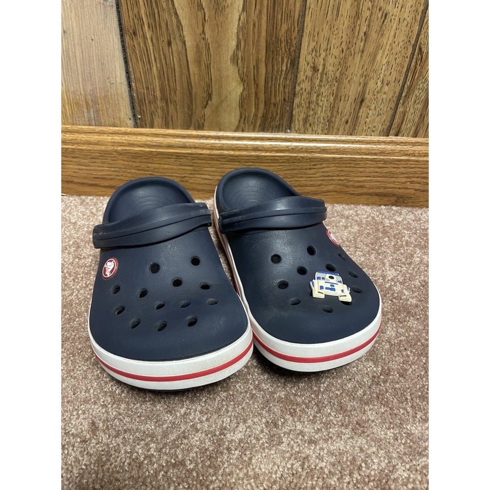 Crocs Classic Clog Shoe Kids Juniors 3 Navy Blue Red Strip Slip On R2D2 Charm‎